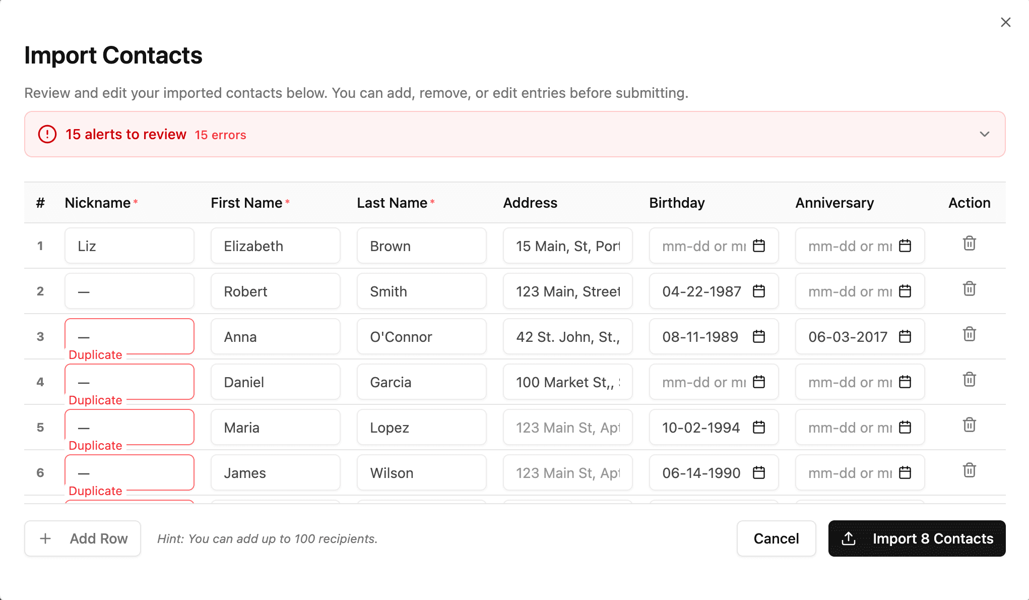 Two contact rows with their nicknames flagged as duplicates.